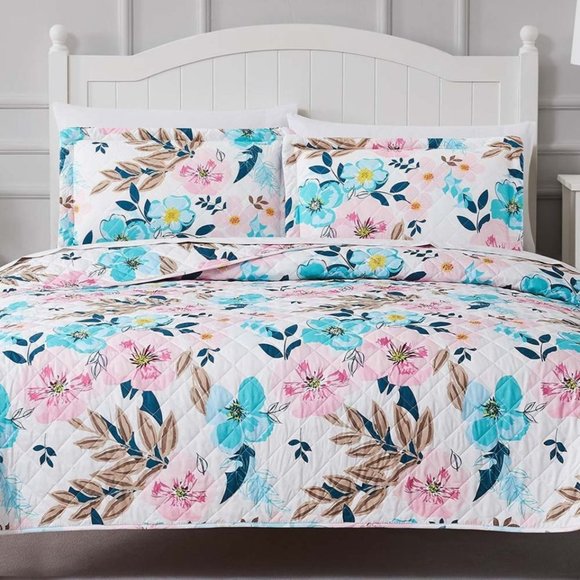 New 3-Piece Pink & Blue Floral Blooms Quilt Bedding Set - QUEEN Size - Picture 2 of 5